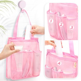famichan Mesh Shower Caddy Portable, Gym Travel Camp Dorm Room Essentials for Women and College Girl, Pink Bathroom Shower Bag