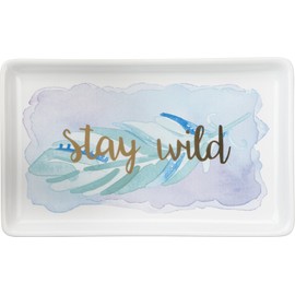 Primitives by Kathy Trinket Tray - "Stay Wild" Metallic Gold Lettering and Watercolor Feather Graphic - 6.75" x 4.13" White Stoneware - Holds Jewelry, Coins, Phone, Keys and More