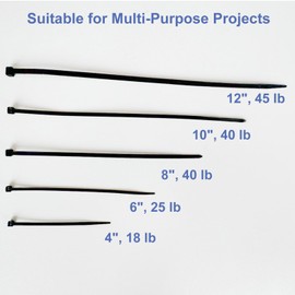 Cable Zip Ties, 250 Pack Black Assorted Sizes 12+10+8+6+4 Inch, Multi-Purpose Self-Locking Nylon Cable Ties, Small Plastic Wire Ties for Home, Office, Garden, Workshop