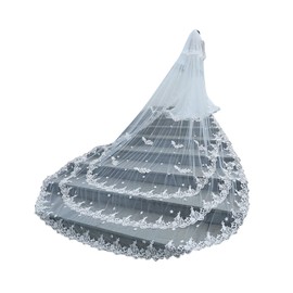 NCDIMS Wedding Veils Long for Brides 2 Tier Triple Lace Edge Long Blusher with Comb