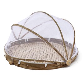 HWGING Fruit Basket with Mesh Cover, Bamboo Serving Basket, Picnic Basket, Tent Basket, Round Mesh Basket