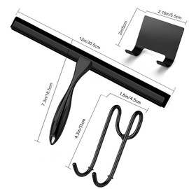 Shower Squeegee, 12 Inch Bathroom Squeegee with Spare Silicone Blade, Shower Door Hook and Adhesive Hook Glass, Stainless Steel Squeegee for Shower Glass Window Bathroom Mirror (12in-Black-Pack of 1)