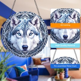 HOTIYOK Husky Stained Acrylic Window Hanging Sled Dog Suncatcher Home Wall Decoration Memorial Gift for Women Mom Grandma Teacher Dog Lover