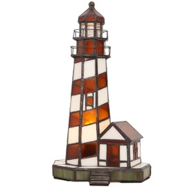 Bieye L10616 Lighthouse Tiffany Style Stained Glass Accent Table Lamp Night Light for Home Decoration (6x5x11, Amber)