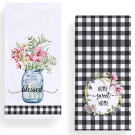 Buffalo Plaid Flowers Kitchen Dish Towels, 18 x 28 Inch Blessed Sweet Home Spring Summer Floral Tea Towels Dish Cloth for Cooking Baking Set of 2