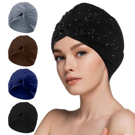 Shyyween 4 Pieces Swim Caps for Women Polyester Turban Strong Non-Slip Hat Elastic Swimming Pool Cap for Long and Short Hair (Black,Coffee,Navy Blue,Gray)