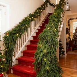 2 Pack Christmas Norfolk Pine Garlands 6FT Real Touch Pine Garland Artificial Greenery Garland for Christmas Table Wall Fireplace Mantle Indoor Outdoor Decoration