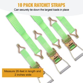 VAIDPRO 10 Pack Ratchet Straps with J Hooks, 3307 Lbs Working Load Limit, 2" x 26' Heavy Duty Tie Down Straps Ratchet Cargo Truck Straps for Flatbed, Truck, Trailers Pickup, Moving Appliances