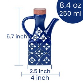 Gnlnkn Blue Ceramic Olive Oil Dispenser Bottle for Kitchen, 8.5 oz Cruet for Avocado Oil with Handle & Wooden Stopper, Small Decorative Oil and Vinegar Dispenser Set, Oil Container Cruet for Olive