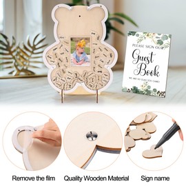 Mogokoyo Bear Guest Book with Picture Frame and 60 Wooden Hearts & Wooden Bears to Write on for Wedding Baby Shower Christening Birthday