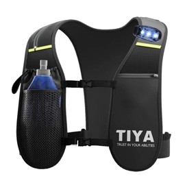 TIYA Hi Vis Running Vest with Water Bottle & Safety Light - Waterproof Phone Holder Vest, Lightweight, Hi Vis Reflective Runners Gear for Women & Men - Adjustable - 5 Pockets - Black