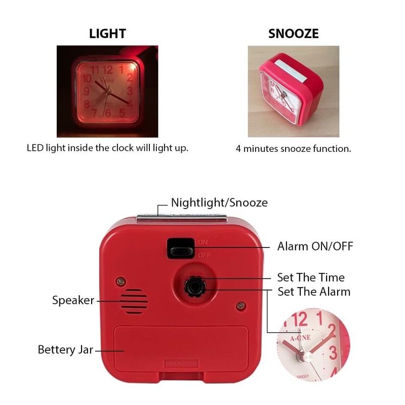 Colorful Silent Alarm Clock – Non-Ticking, Square Design, Battery Operated,