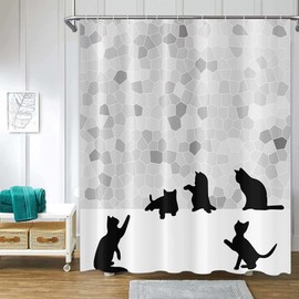 ChloropLastid Cute Cats Shower Curtain Funny Black Pet Kitten Silhouette Gradient Grey Mosaic Grid Fabric Home Bathroom Decor Curtain with Hooks Durable Polyester Waterproof Cloth 72x72 inches