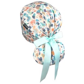 CALOMED Scrub Cap for Women and Men, Ponytail Scrub Caps, Working Hat, Head Cover with Ribbon Ties and Buttons, Long Hair (Terrazzo on White)