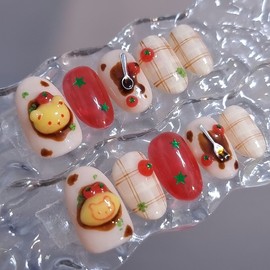 Gom Rice Tomato Handmade Nail Tip Omelet Rice Embo Bear - Petite Square / 곰라이스 토마토 수제네일팁 오므라이스 엠보 곰돌이 - 쁘띠스퀘어
