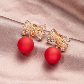 QzxEqz Christmas Bow Earrings Xmas Earrings Red Ball Pearl Bow Earrings Christmas Gifts for Women Christmas Jewelry (red)
