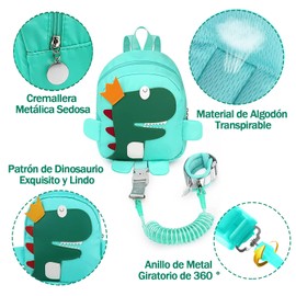 Mochila para Niños, Mochila con Arnés de Anti-Pérdida, 2 en 1 Mochila Bebé de Dinosaurio de Seguridad, Cómoda Correa Antirrobo de 2.5 M Ajustable con Cierre de Seguridad para Niños y Niñas(Verde)