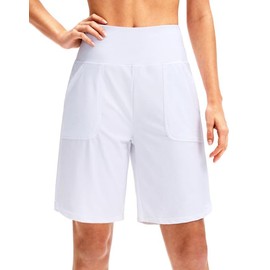 Viodia Women's 9" Long Swim Board Shorts with Pockets High Waisted Beach Swimsuits Knee Length Short for Women with Liner White