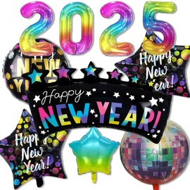 New Years Eve Party Supplies - 13 Pcs Colorful Balloons with Rainbow, Disco Balls & New Years Decorations for 2025 Celebration
