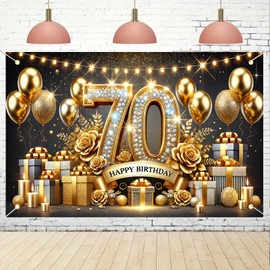 BlissYard Happy Birthday Banner 71 x 43 Inch 70th Birthday Backdrop Gold and Black Happy Birthday Party Decorations Banner for Women Men Photography Supplies Background Happy Birthday Decoration