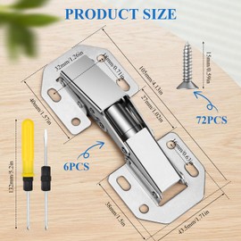 Pack of 6 Hinges for Cabinet Doors, 90 Degree 105 x 43.5 mm Screw-On Hinge, Soft Close Hinge with 72 Screws and Double Screwdriver, Furniture Hinges for Cabinet Doors Cupboard