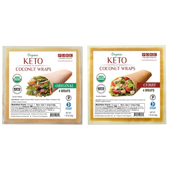 Envolturas orgánicas certificadas de coco crudo, muestra de 2 sabores, certificado Keto, certificado Paleo, vegano, 4 envolturas, 1.7 onzas (paquete de 2)