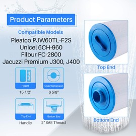 POOLPURE PLF6CH-960 Spa Filter Replaces PJW60TL-F2S, Jacuzzi Filters J-300, J400, Filbur FC-2800, 6540-476, 6540-383, Hot Tub Filter with Closed Handle(Not be Removed) 1PACK
