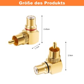 VOSSOT 4 Stück Rechtwinkliger Cinch Stecker, 90 Grad Konverter, Cinch Winkelstecker Adapter Vergoldet, RCA Stecker Auf Buchse für AV-Video Oder Stereo-Audio, Mikrofone, Tonanlagen (Rot und Schwarz)