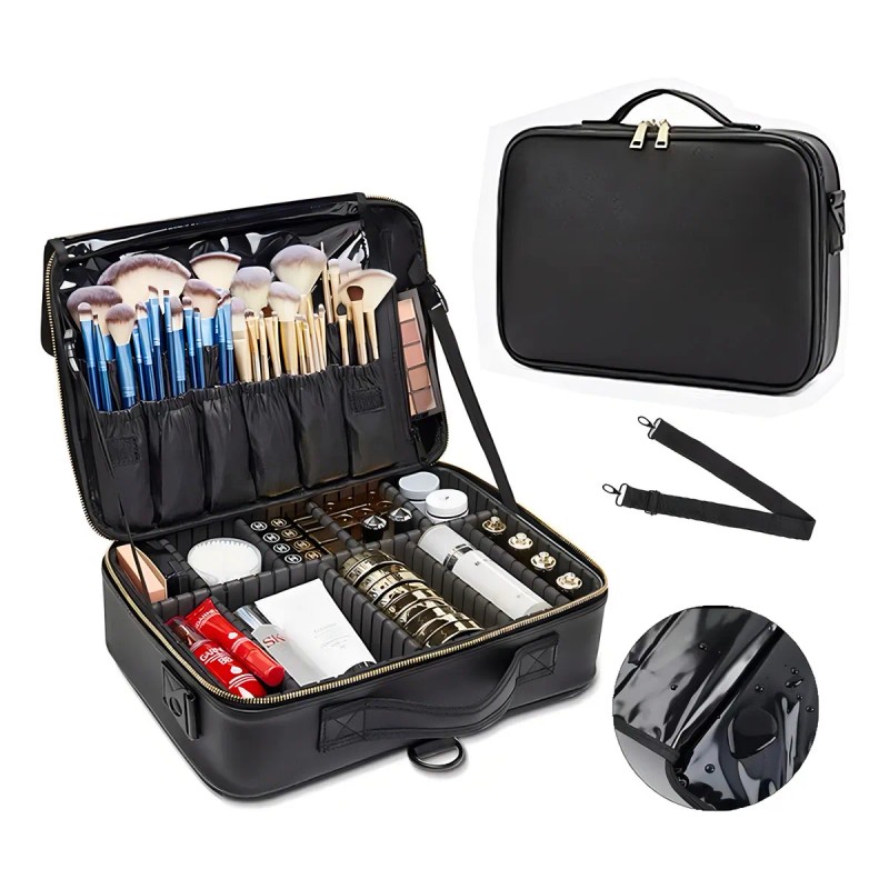 Maletín Maquillaje Cosmetiquera Con Divisor Ajustable Viaje Color Negro