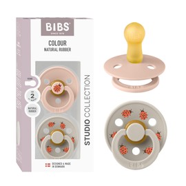 BIBS Colour Studio Soother 2-Pack, BPA Free Dummy Pacifier, Round Nipple. Natural Rubber Latex, Made in Denmark, Size 2 (6-18 Months), Blush/Sand