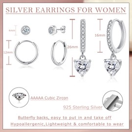 Josfeva 3 Pairs 925 Silver Earrings Set for Women, 925 Sterling Silver Hoop Stud Hanging Earring, Hypoallergenic Cartilage Ear Ring with Zirconia, Silver Ear Jewellery for Multiple Earholes for Gifts