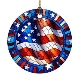 BRUYU5SE Stained Glass American Flags Christmas Ceramic Ornament Christmas Ornament Patriotic Vintage Ornament for Xmas Party Decorations 3 in