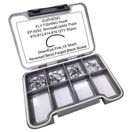 Eupheng Prime Assortment Barbless Fly Fishing Hooks Dry Wet Nymph Streamer Caddis Shrimp Pupea Jig Collection High Carbon Competition Great Value Package (EP9252-80PCS #10-#16 Collection Black Nickle)
