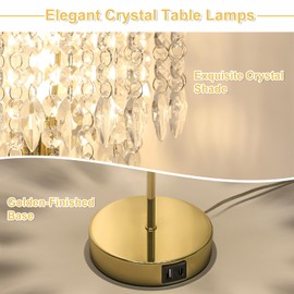 Boncoo Crystal Table Lamp Set of 2, 3-Way Dimmable Nightstand Lamp with 2 USB Charging Ports, Gold Bedside Lamp for Bedroom, Touch Lamp with Elegant Shade for Living Room, B11 LED Bulb Included