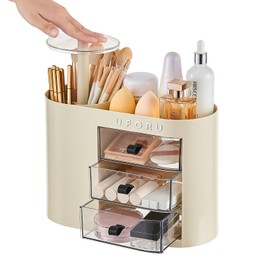 UFORU Makeup Organizer with Pop-Up Brush Holder for Dresser Vanity, Plastic Bathroom Counter Organizer with 3 Drawers & Dust-Proof Cover, Cosmetic Display Case for Lipstick, Skincare, Cream White