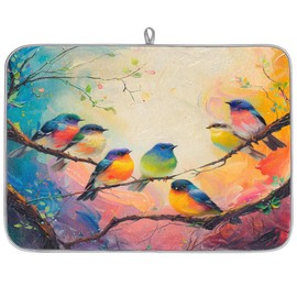 Pardick Dish Drying Mats, 18"x24" Watercolor Tree Birds Pattern, Multicolor, Polyester & Composite Sponge Material, Absorbent & Reusable