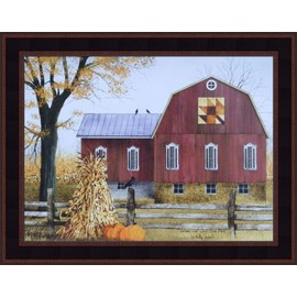 Home Cabin Décor Autumn Leaf Quilt Block Barn by Billy Jacobs 15x19 Barn Pumpkins Corn Stalks Fall Folk Art Country Primitive Print Framed Picture