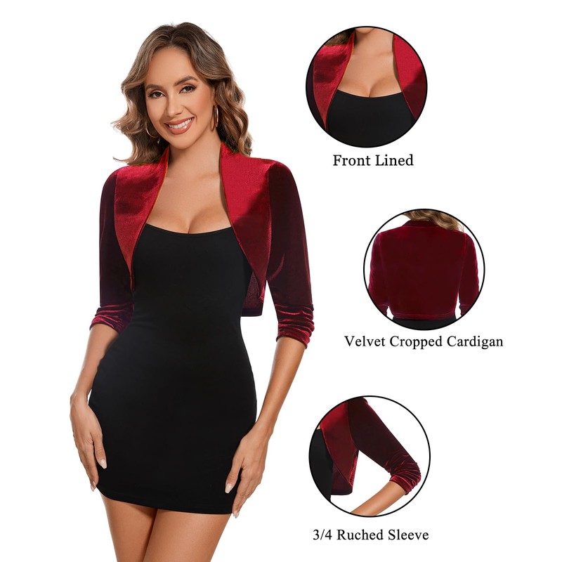 LADI TREND Womens Front Open 3/4 Pleated Sleeves Retro Velour