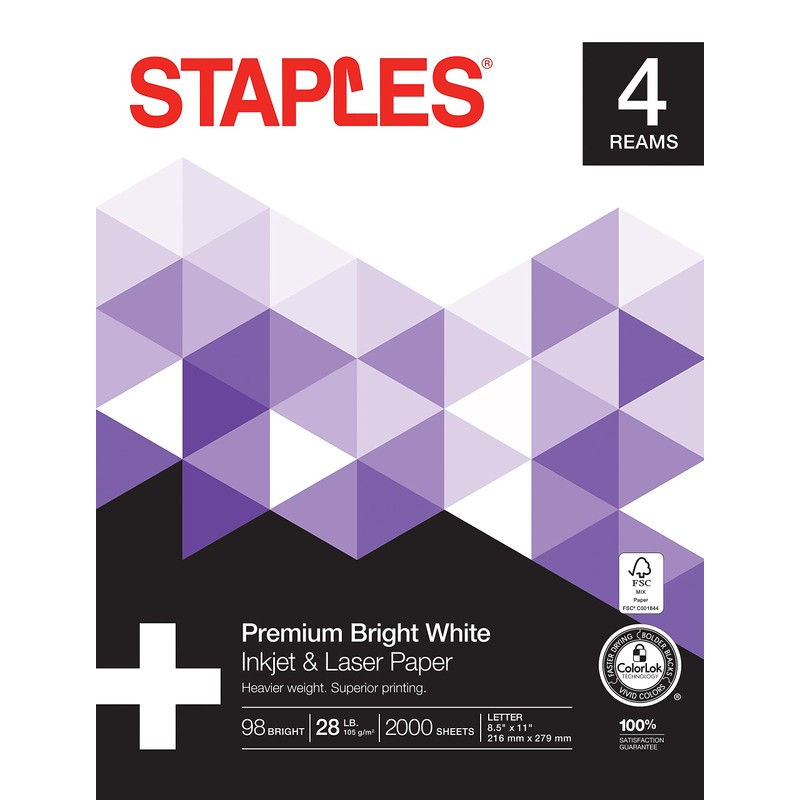 Staples Inkjet & Laser Paper, 8 1/2" x 11", Bright