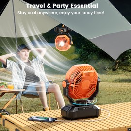 BINUYASHA Rechargeable Camping Fan with 20000mAh Battery, 8-Speed Stepless Control, Remote, Auto Oscillating, Dual LED Light & Timer, Hanging Hook for Tent, Beach, Power Outage