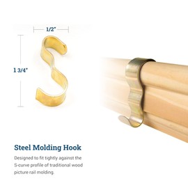 PHS 10 Pack Picture Rail Hooks - Supports up to 25 Pounds - Molding Hooks with Ogee Molding Hanger for Art Hanging System, Gallery Hanging System and Kids Artwork Display Art