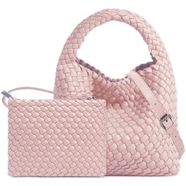 Handmade Woven Shoulder Bags for Women Cute Hobo Tote Handbag Mini Clutch Purse with Magnetic Buckle Crossbody Phone Bag (Pink)
