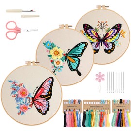 VynyQoo 3 Pieces Butterfly Embroidery Set Adults, Embroidery Set for Beginners, Embroidery Kit with Plastic Embroidery Hoop, Embroidery Starter Set with 3 Butterfly Pattern Video Instructions for DIY
