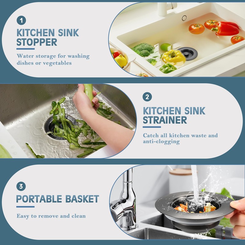 Kitchen Sink Drain Strainer 3 in 1, 304 Stainless Steel