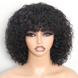 REMESSE Short Curly Wig With Bangs Human Hair Curly Human Hair Wig With Bangs For Women Glueless 250% Density Water Wave Human Hair Wig With Bangs Natural Black 12Inch