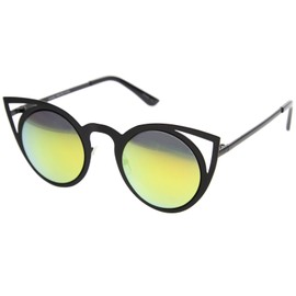 zeroUV Womens Fashion Round Metal Cut-Out Flash Mirror Lens Cat Eye Sunglasses (Black/Yellow Mirror)