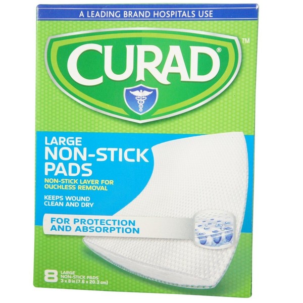 Curad Large Non-Stick Pads 3 Inches X 8 Inches 8 Each