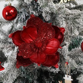 GL-Turelifes 10’’ Large Glitter Christmas Flowers 6 Pcs Artificial Magnolia Flower Ornaments Fold Floral for Christmas Tree Decorations Xmas Tree New Year Party Wedding Centerpiece (Red)