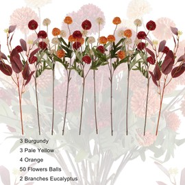 lekymo 10 Pack Artificial Fall Flowers + 2 Branches Eucalyptus - Fake Mums Silk Chrysanthemum Pom Pom Floral Arrangements Fall Decor, Long Stem Faux Fall Flowers Mini Floral Balls for Vase Home