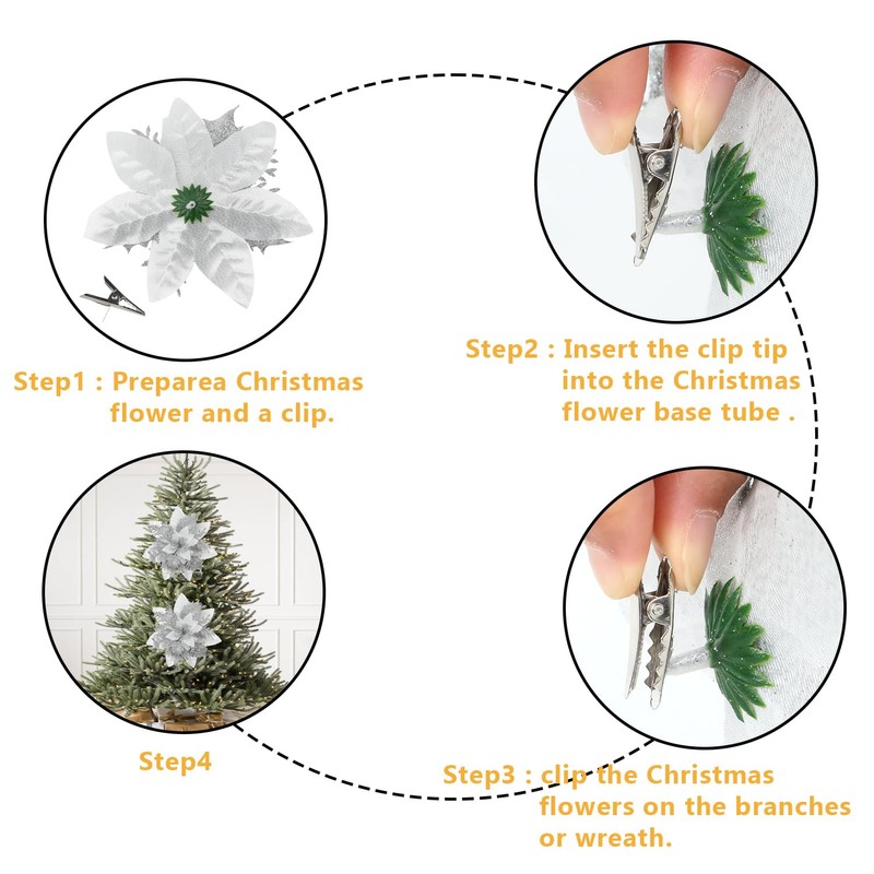 Sawowkuya 15 Pcs Silver Poinsettia Artificial Flowers Glitter Artificial Christmas